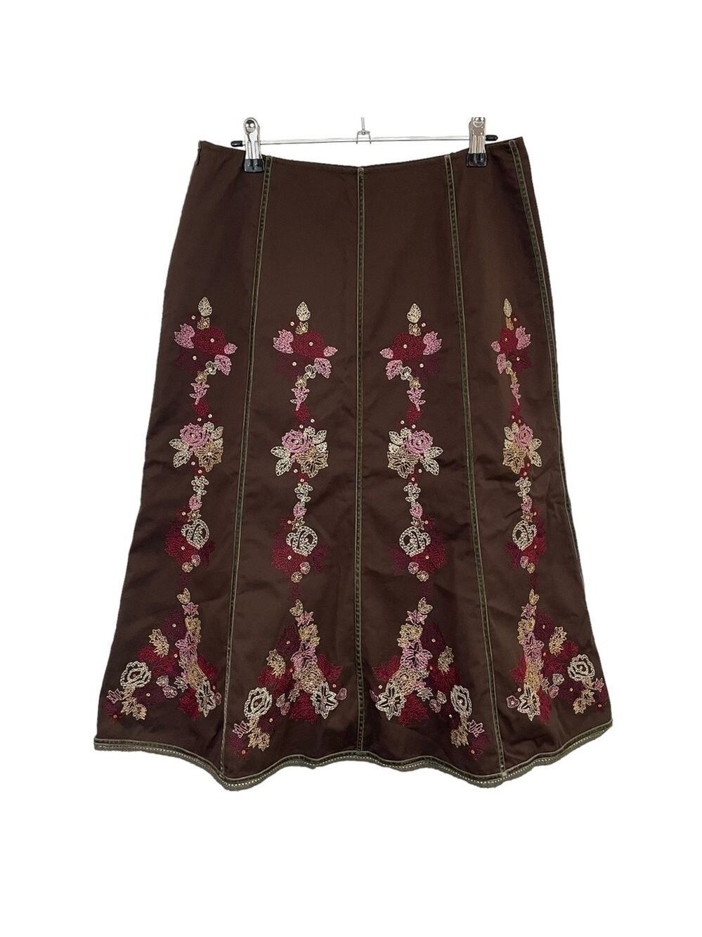Think Tank Embroidered Floral Midi Skirt Sz 8 Brown Pink A-Line Pleated Pretty